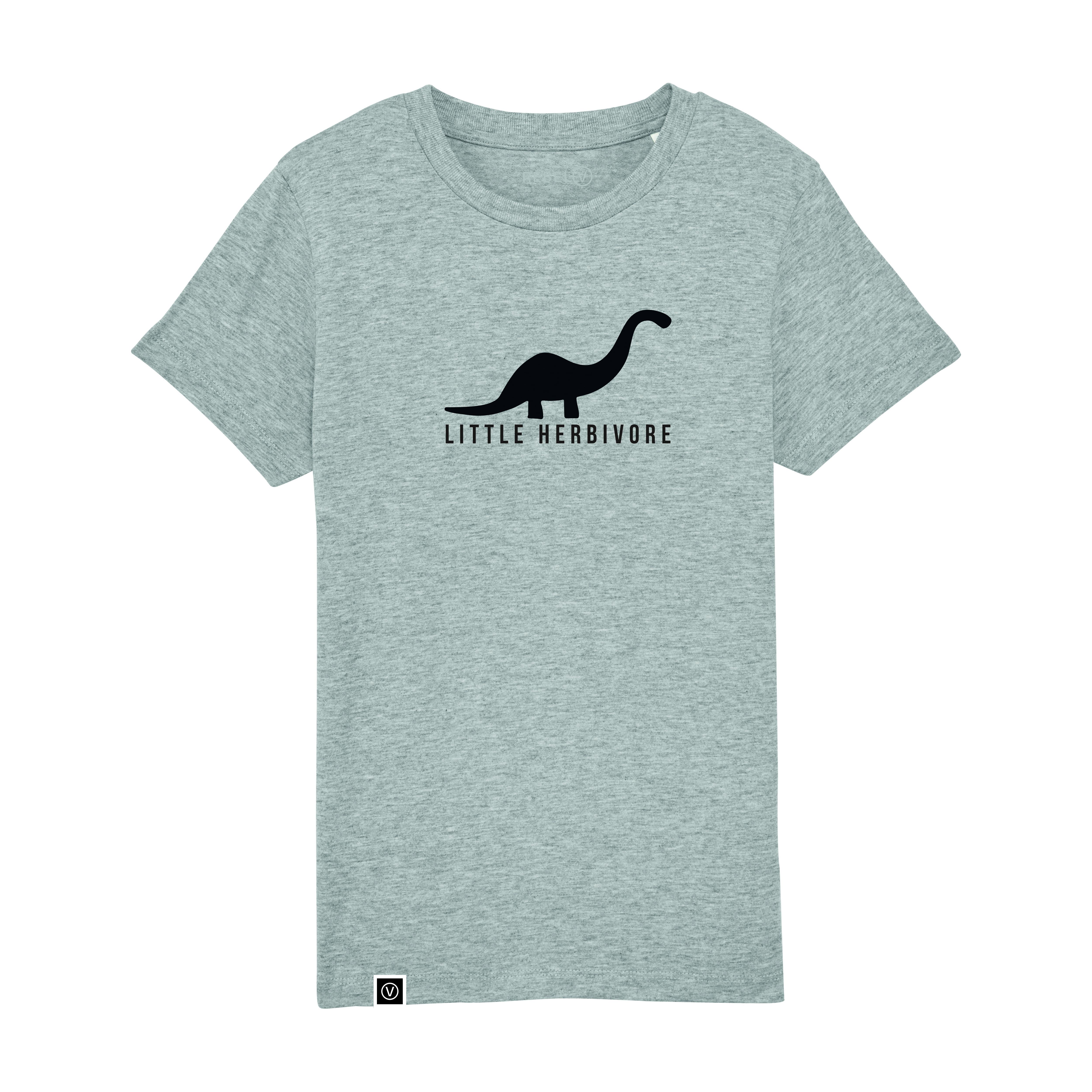 Heather grey t-shirt on a white background. Black dinosaur on centre chest with the word little herbivore in black underneath. Small white square label on bottom right hem with a white V in a white circle on a black background.