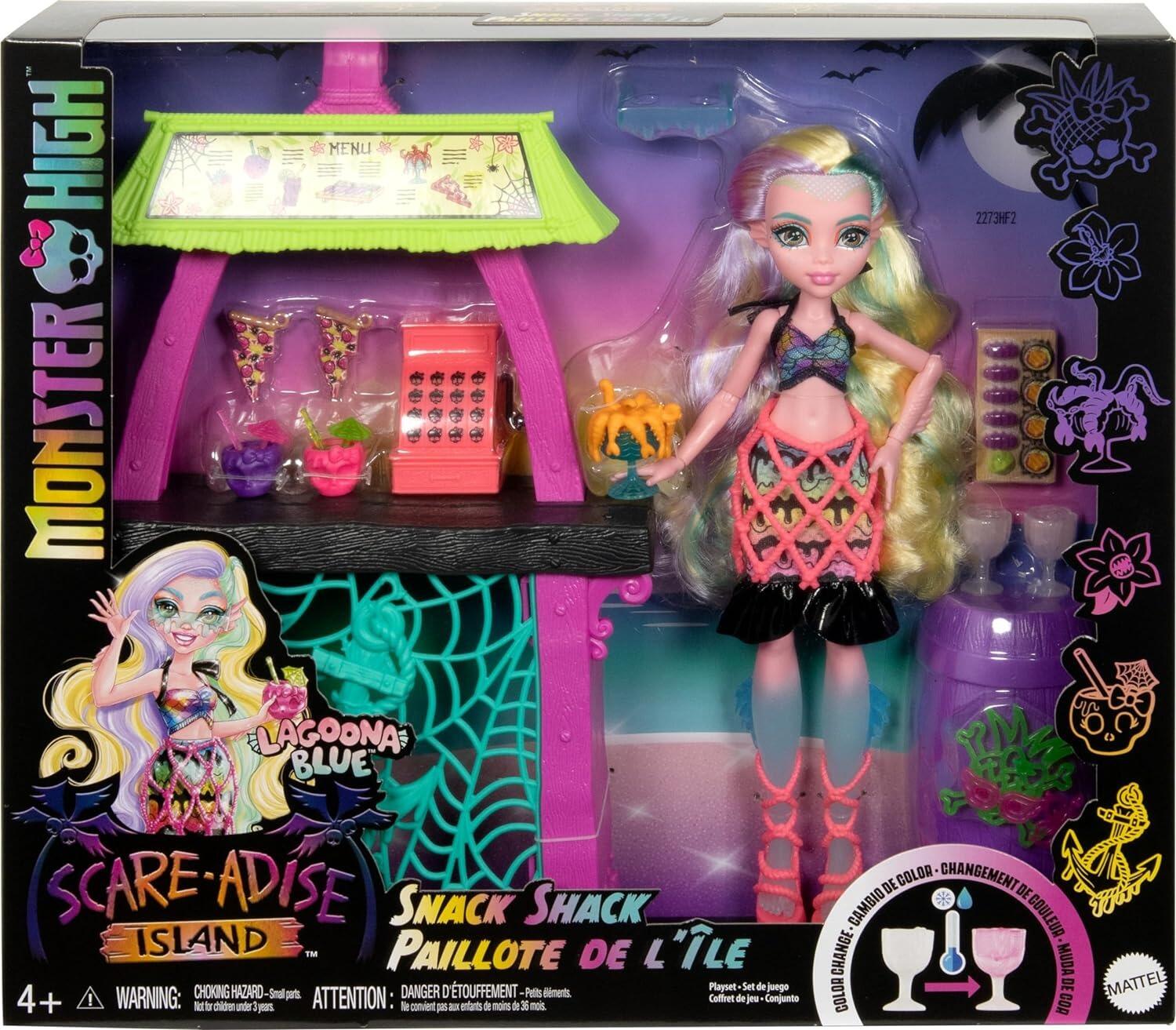Monster High Doll and Playset, Lagoona Blue Scare-adise Island Snack Shack with Food Accessories and Color Change Drinks