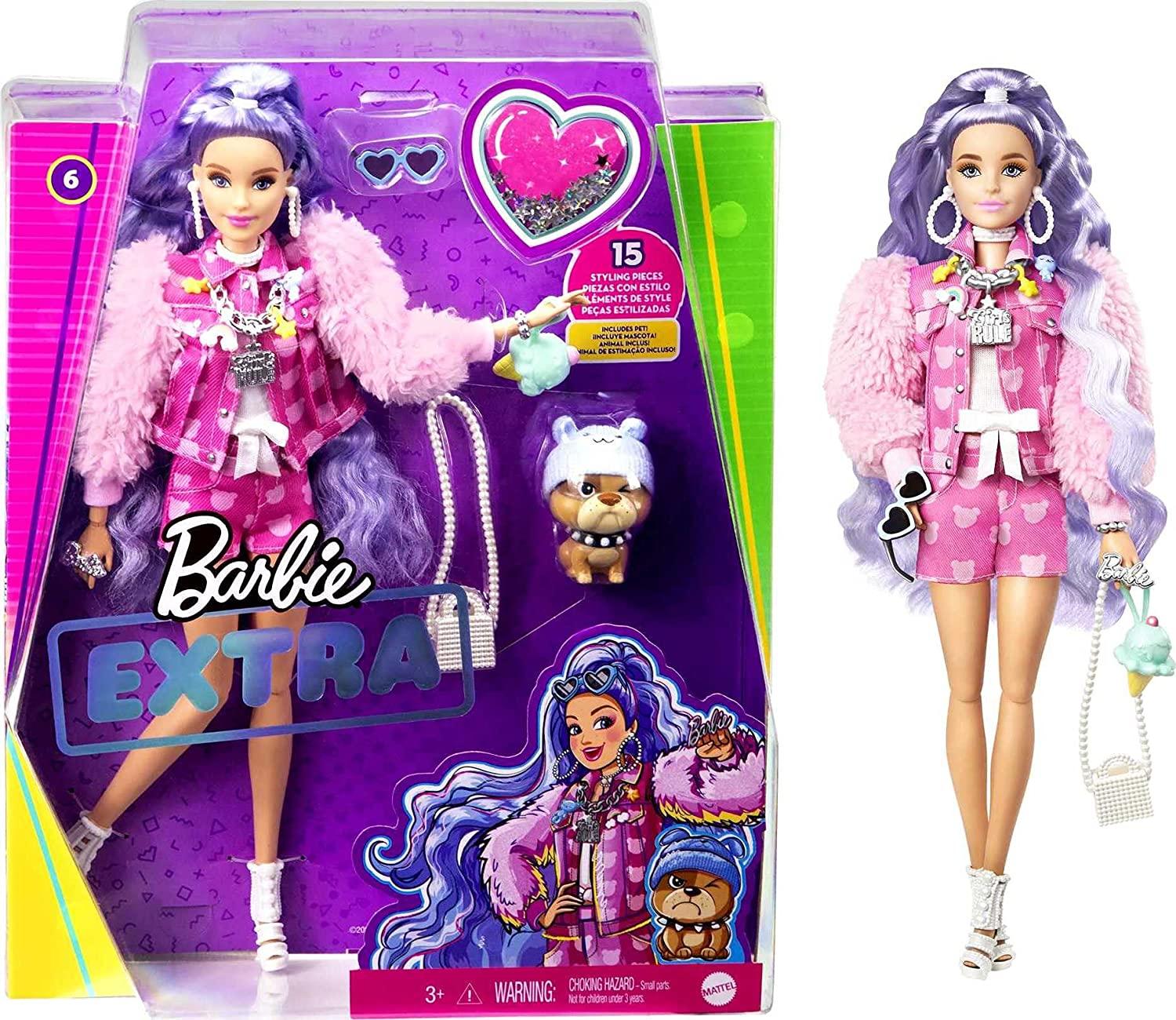  Barbie Extra Doll #8 in Pink Sparkly Varsity Jacket with Furry  Arms & Pet Teddy Bear, Extra-Long Crimped Pigtails, Layered Outfit &  Accessories, Multiple Flexible Joints, For Kids 3 Years Old