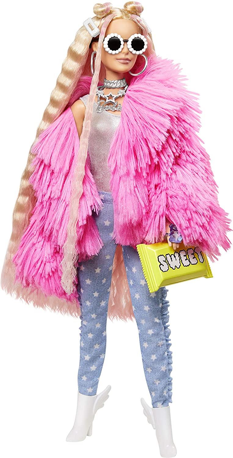 Barbie Extra Doll in Pink Fluffy Coat with Unicorn-Pig Toy