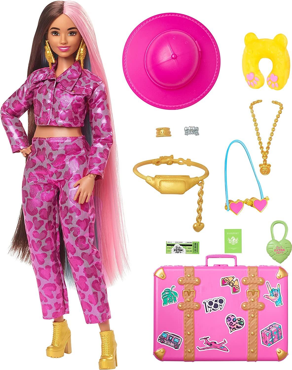 Barbie Extra Fly, Pink Animal Print Outfit and Pink Suitcase, Travel Barbie Doll with Safari Fashion