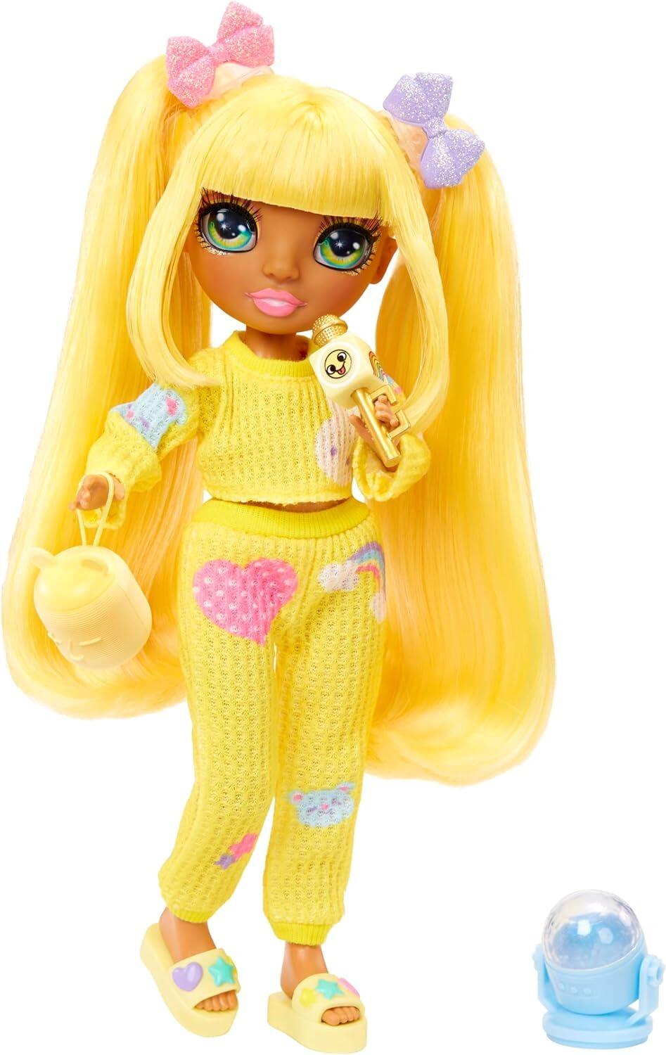 Rainbow High Jr High PJ Party-Sunny (Yellow) 9” Posable Doll with Soft Onesie, Slippers, Play Accessories