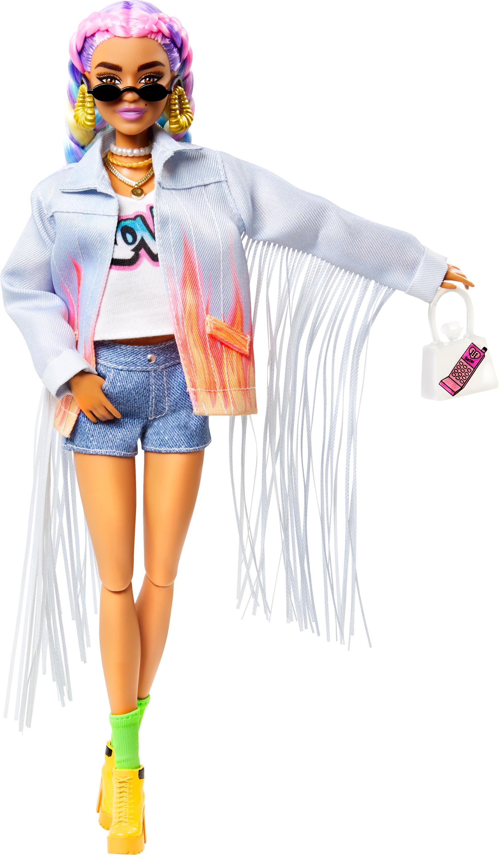 Buy Barbie Extra Doll in Long Fringe Denim Jacket with Pet Puppy