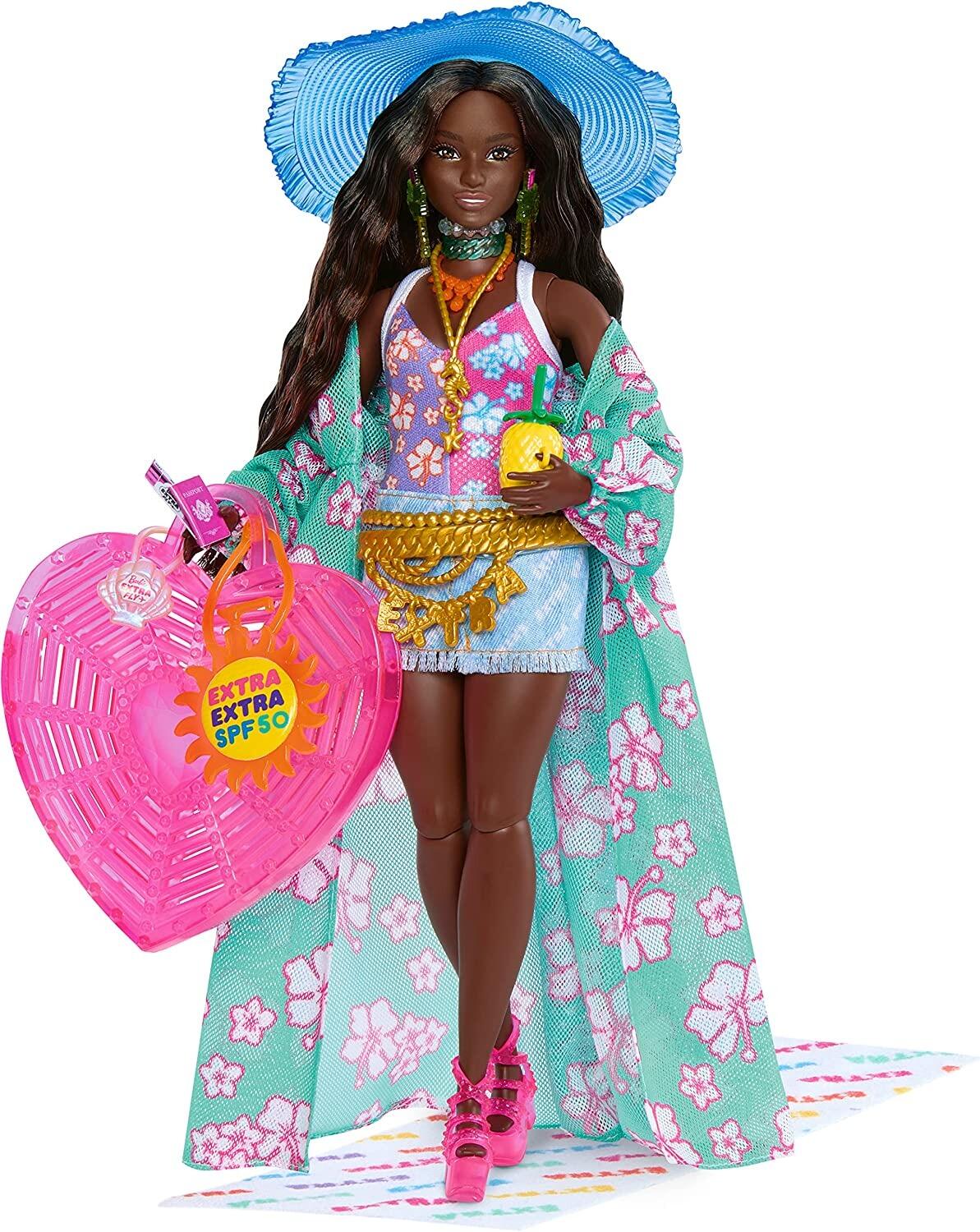 Barbie Extra Fly, Hat and Tropical Coverup with Oversized Bag, Travel Barbie Doll with Beach Fashion