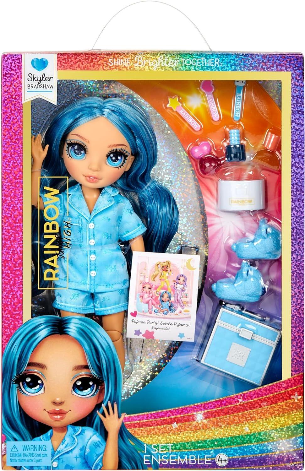 Rainbow High Jr High PJ Party- Skyler (Blue) 9” Posable Doll with Soft Onesie, Slippers, Play Accessories