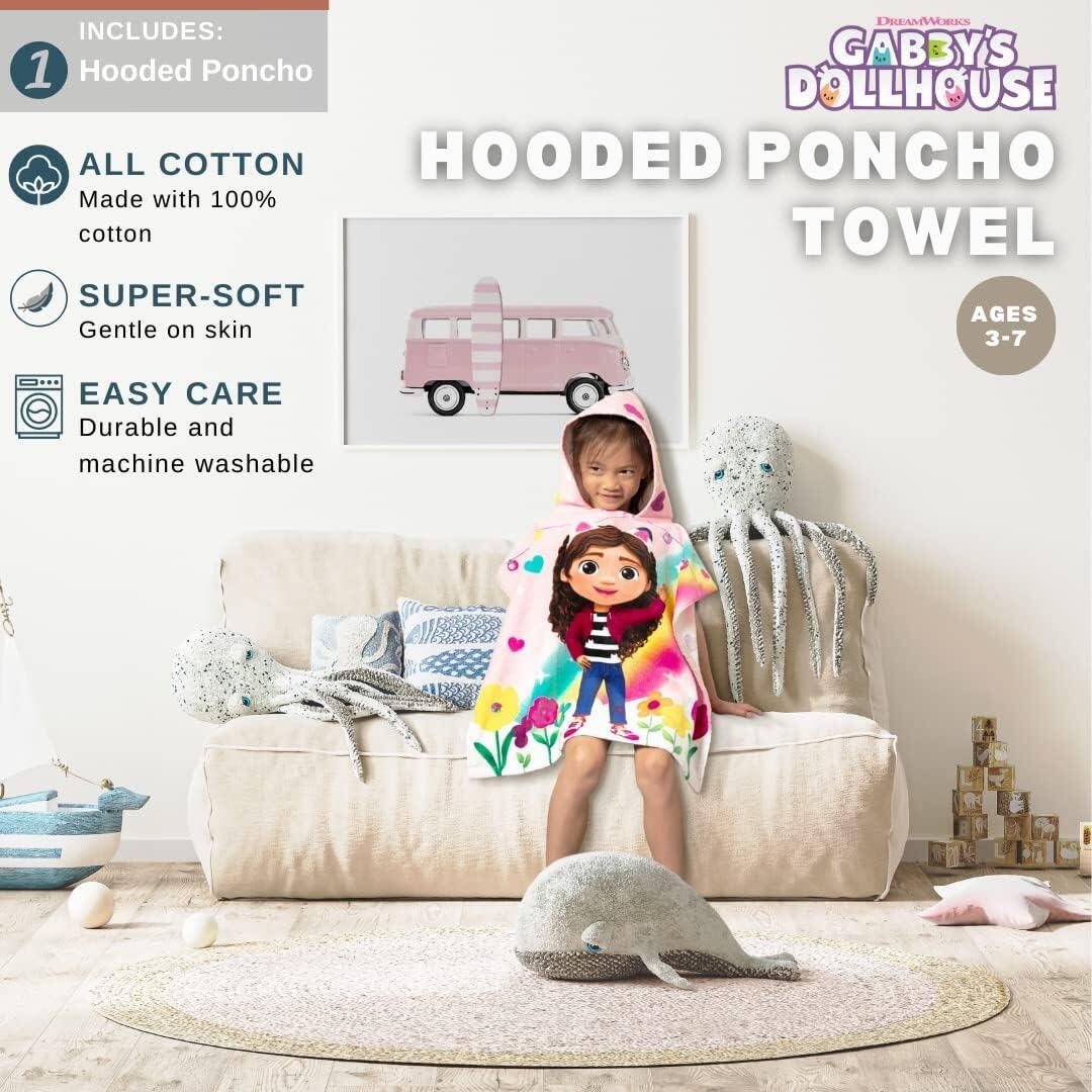 Gabby's Dollhouse Kids Beach/Pool/Bath/Camping Hooded Towel Poncho 24" X 22"