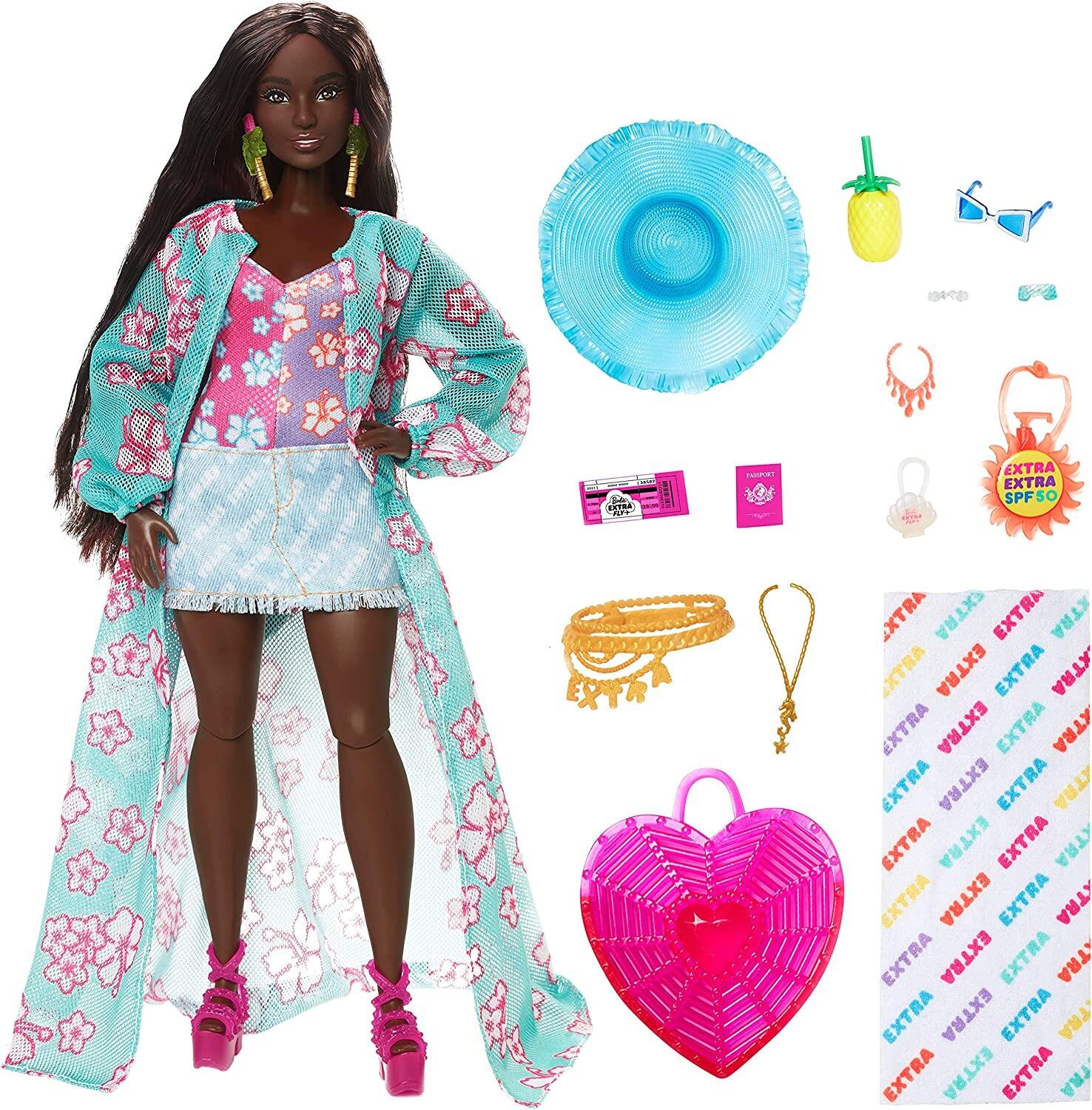 Barbie Extra Fly, Hat and Tropical Coverup with Oversized Bag, Travel Barbie Doll with Beach Fashion