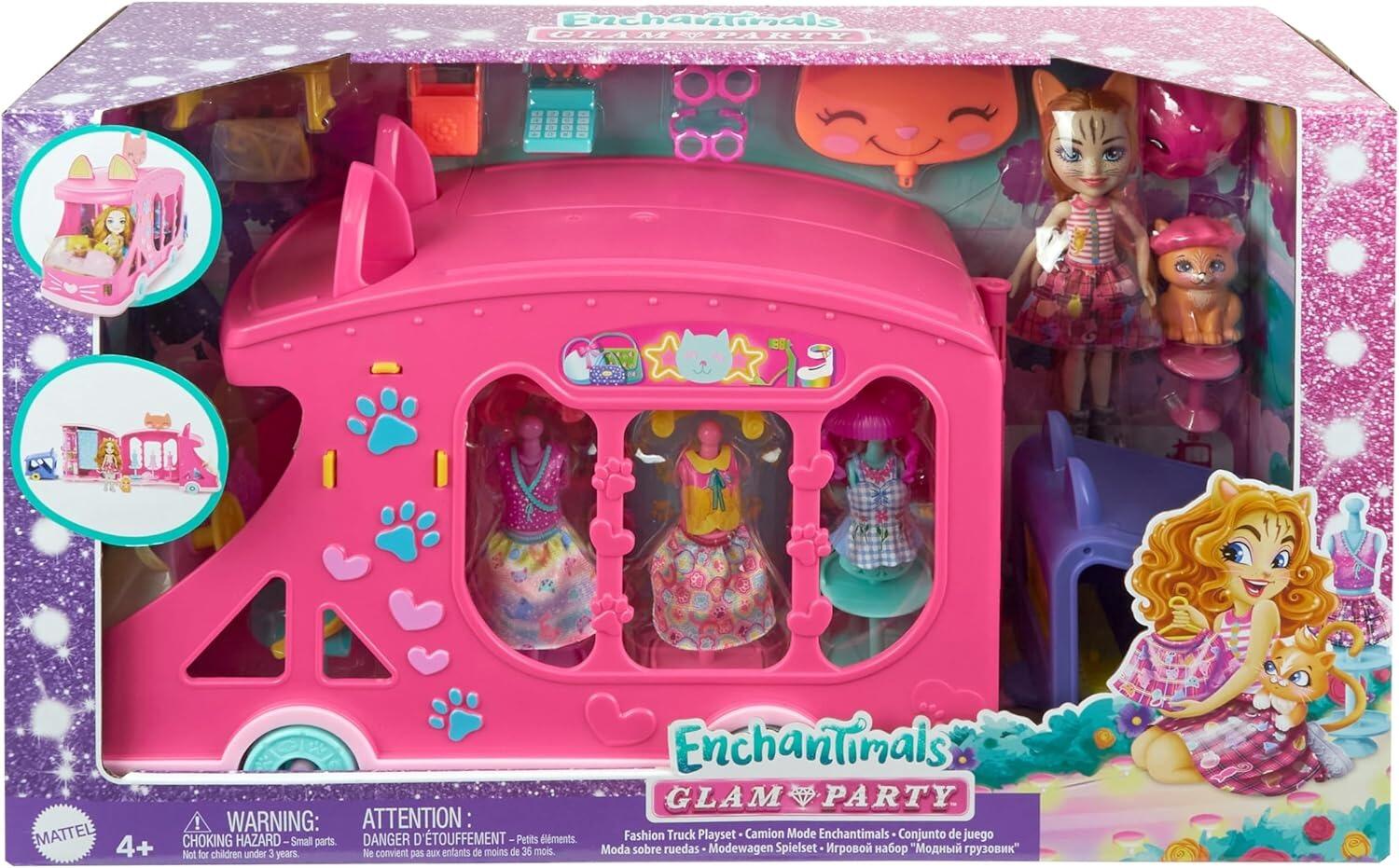 Enchantimals Caddy Cat Glam Party Doll and Accessories, Fashion Car