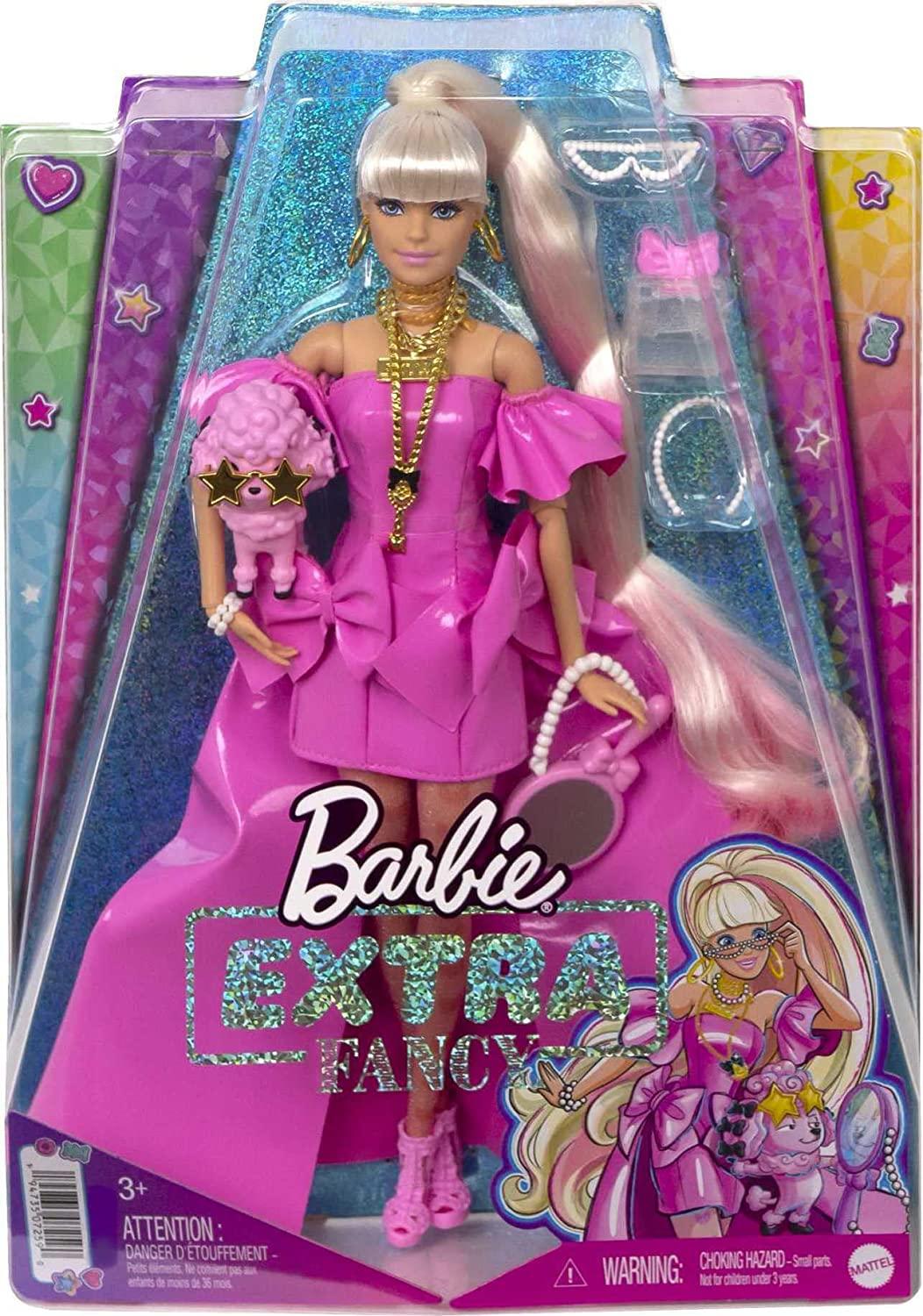 Barbie Extra Fancy Doll in Pink Glossy High-Low Gown, with Pet Puppy, Extra-Long Hair & Accessories