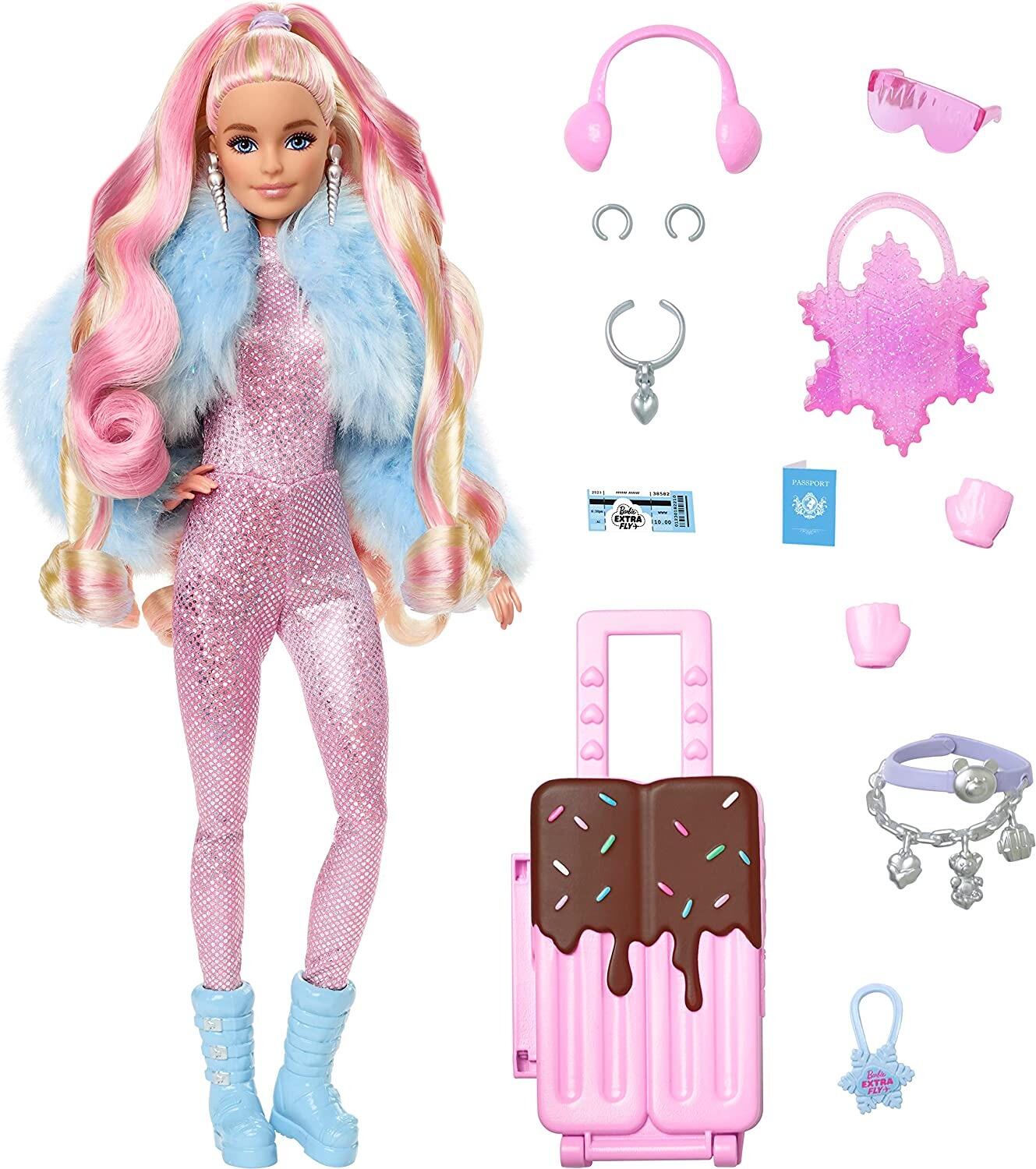 Barbie Extra Fly, Sparkly Pink Jumpsuit and Faux-Fur Coat, Travel Barbie Doll with Wintery Snow Fashion,