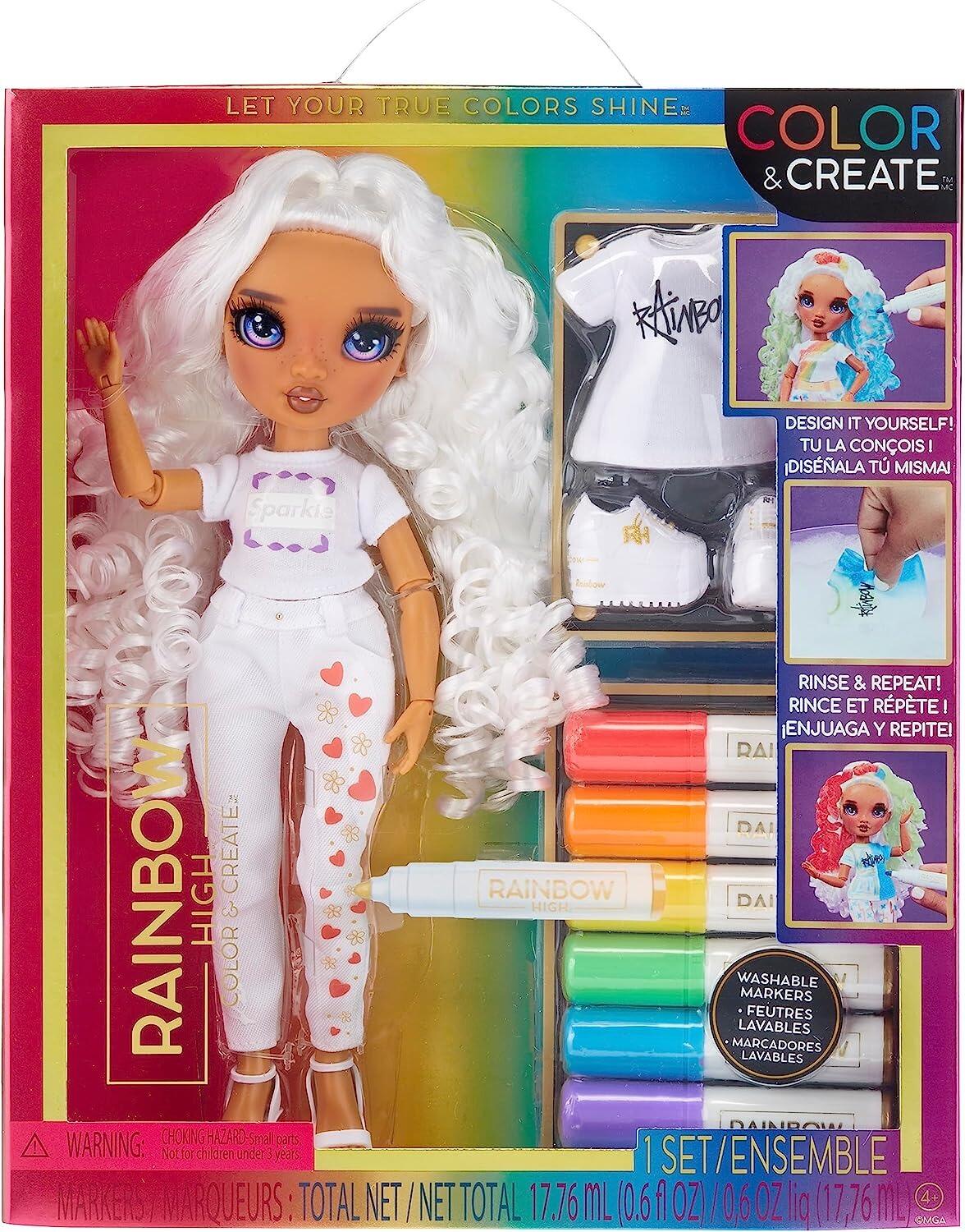 Rainbow High Color & Create Fashion DIY Doll with Purple Eyes, Curly Hair, Bonus Top & Shoes