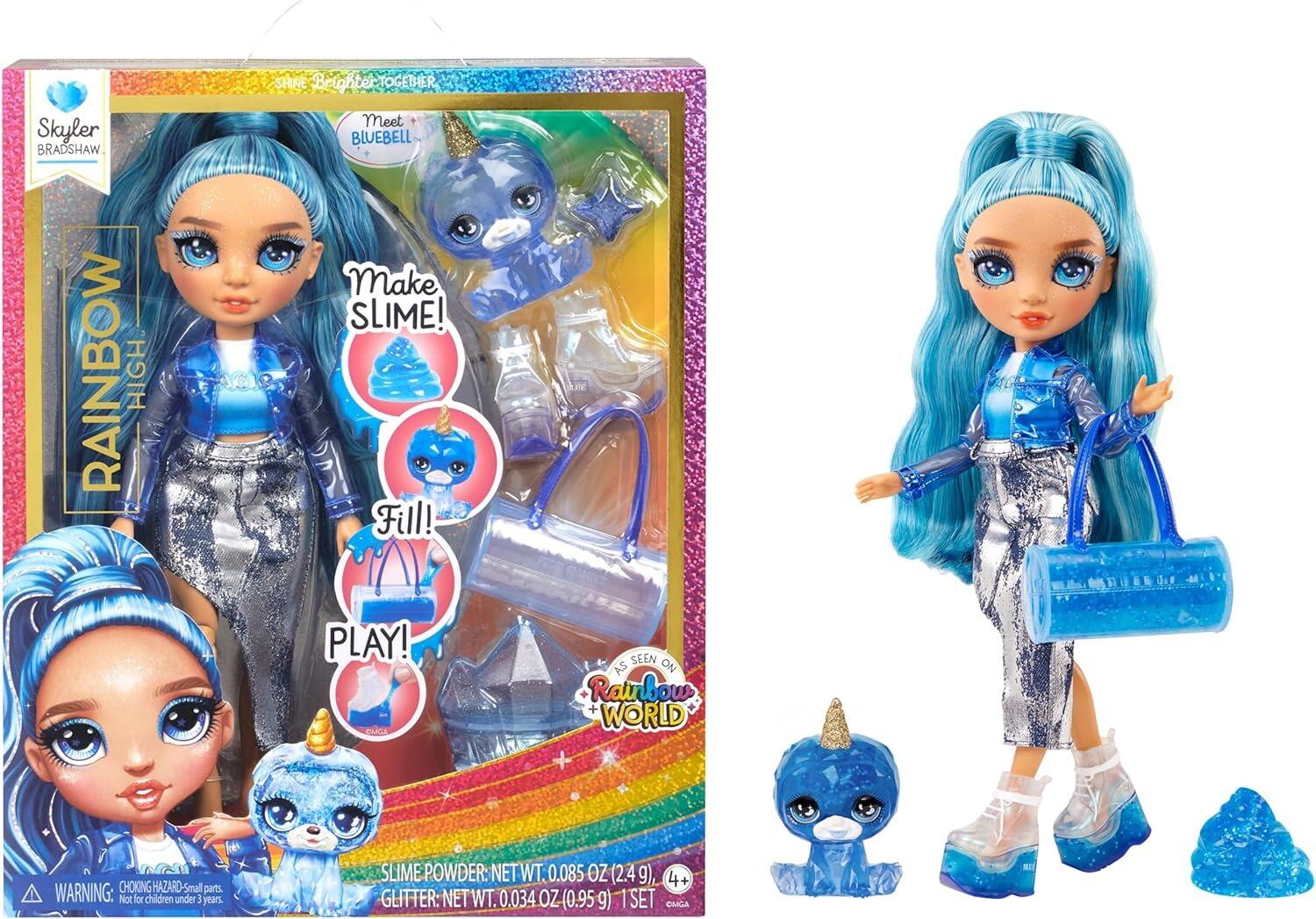 Rainbow High Skyler (Blue) with Slime Kit & Pet - Blue 11” Shimmer Doll  with DIY Sparkle Slime, Magical Yeti Pet and Fashion Accessories
