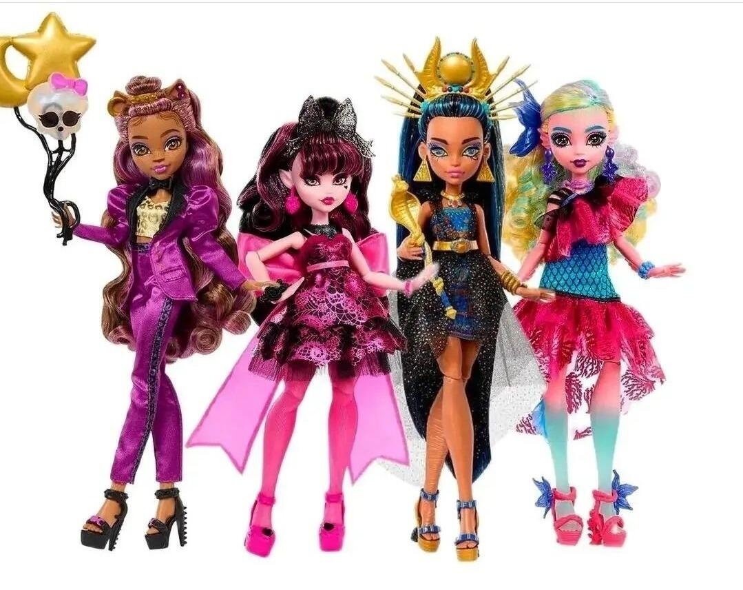 Monster Ball is a new collection of Monster High dolls for 2023, that is inspired by party outfits for big parties and prom nights balls. The dolls' packaging is textured to mimic a disco ball, and each doll comes with a variety of party accessories