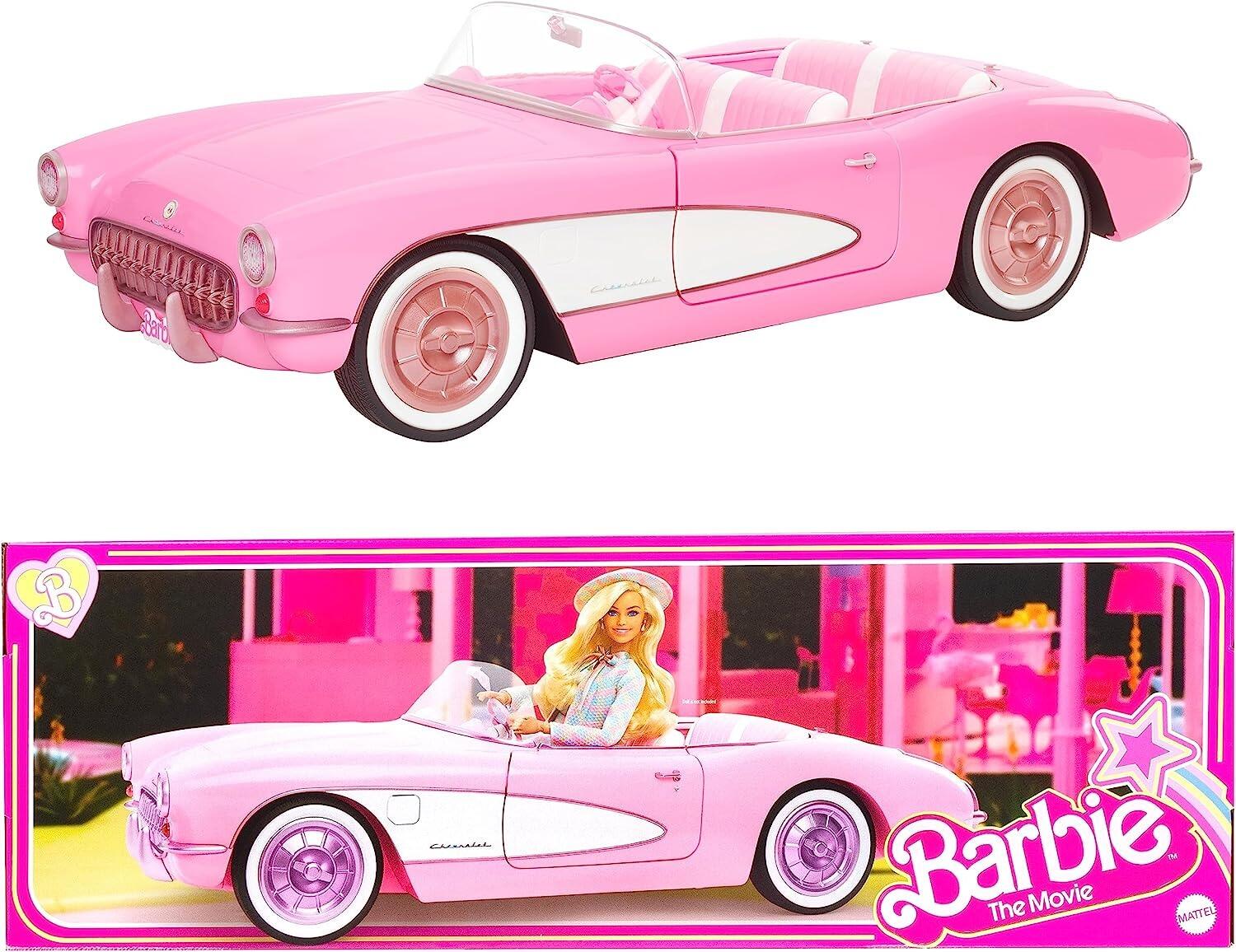 Barbie The Movie Car, Vintage-Inspired Pink Corvette Convertible with White Wall Tires and Trunk Storage