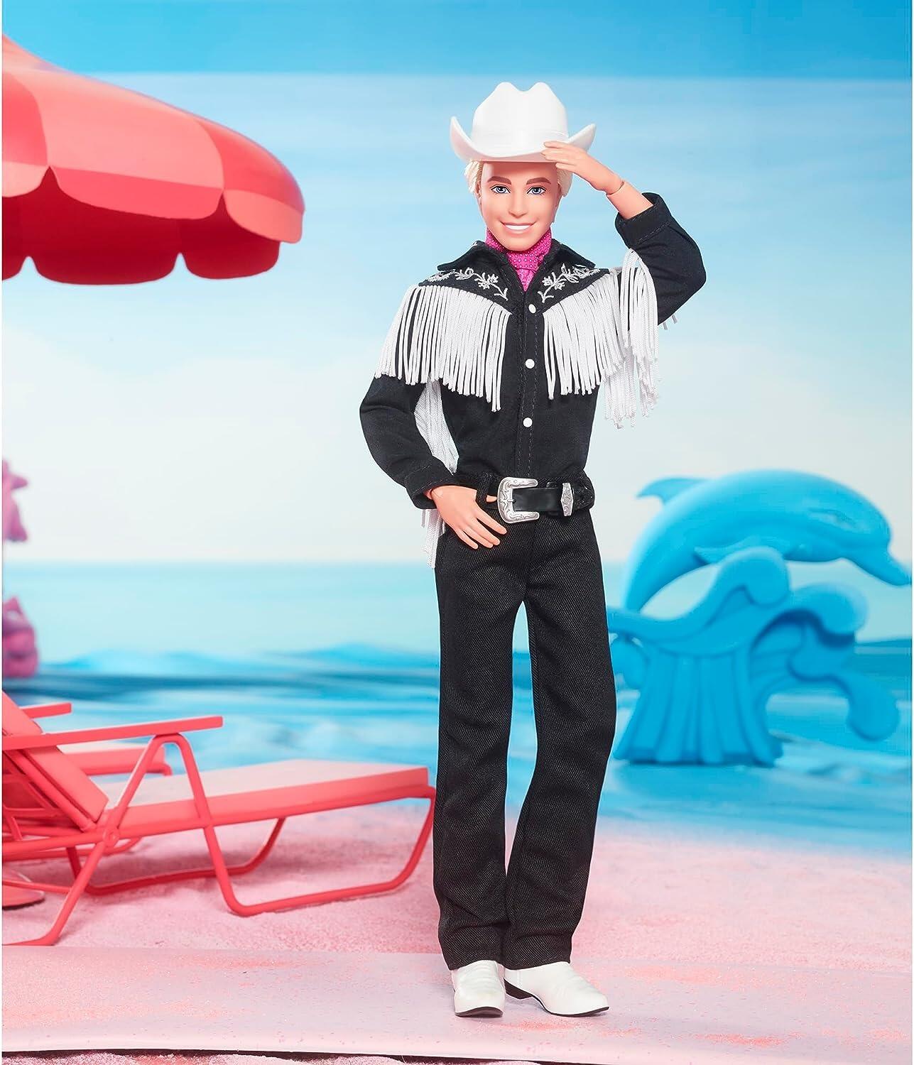 Barbie The Movie Collectible Ken Doll Wearing Black Outfit With White  Fringe, Cowboy Hat And Boots With Pink Bandana