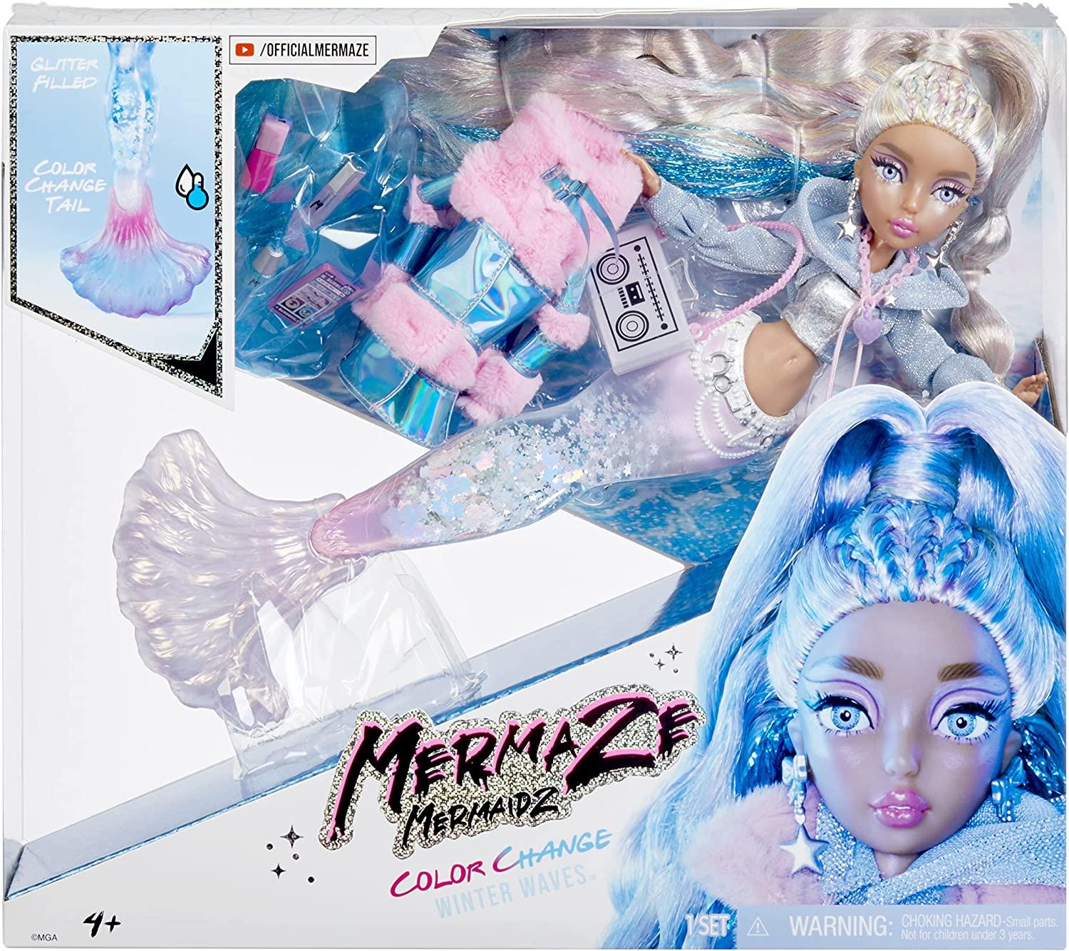 Mermaze Mermaidz™ Winter Waves Kishiko™ Mermaid Fashion Doll with Color Change Fin, Glitter-Filled Tail and Accessories