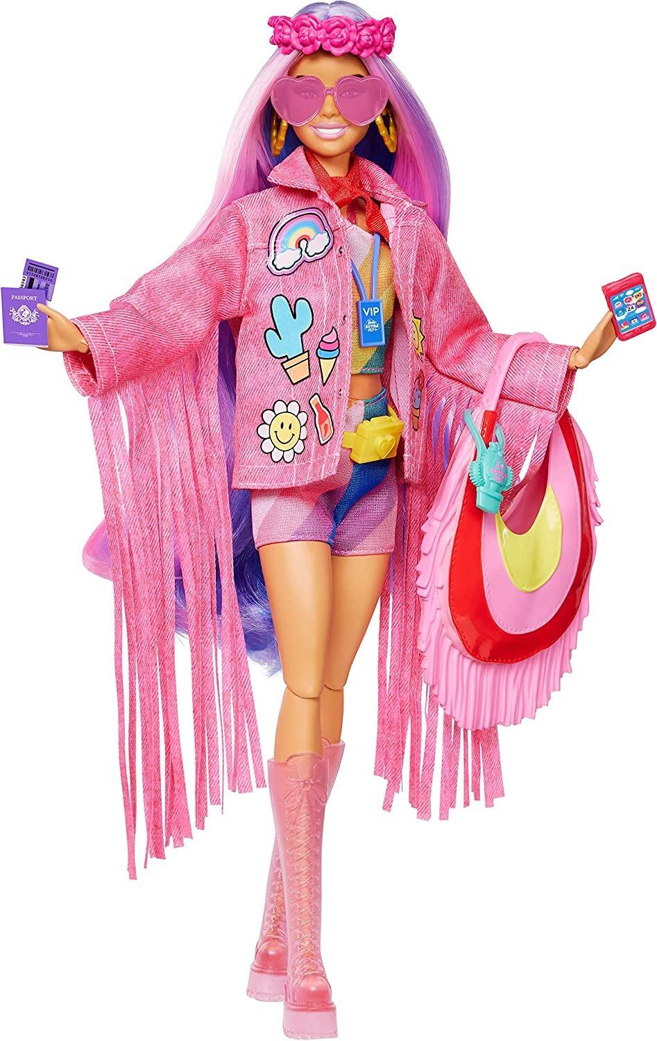 Barbie extra doll in rainbow coat with pet dog toy hot sale