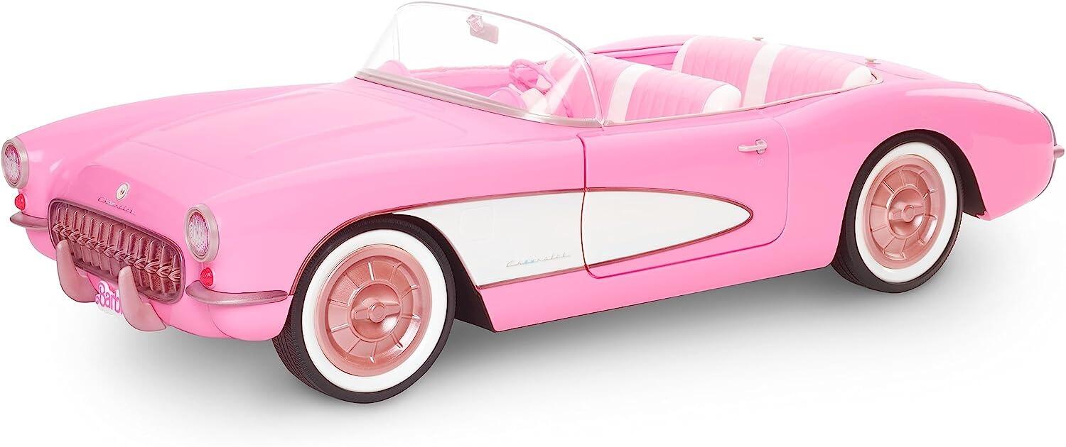 Barbie The Movie Car, Vintage-Inspired Pink Corvette Convertible with White Wall Tires and Trunk Storage