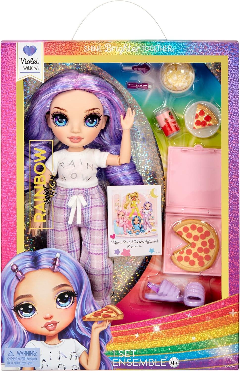 Rainbow High Jr High PJ Party Violet (Purple) 9” Posable Doll with Soft Onesie, Slippers, Play Accessories