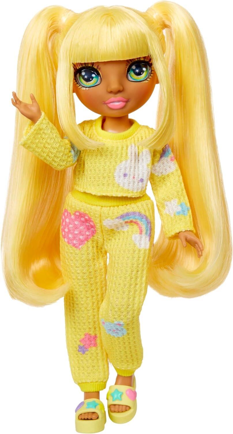 Rainbow High Jr High PJ Party-Sunny (Yellow) 9” Posable Doll with Soft Onesie, Slippers, Play Accessories