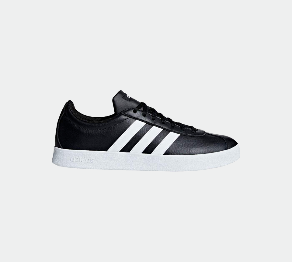 black adidas with white stripes trainer side view