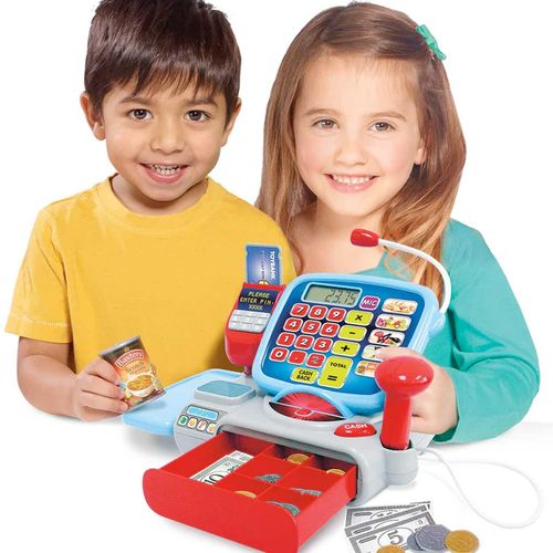 Kids playing with Casdon Supermarket till