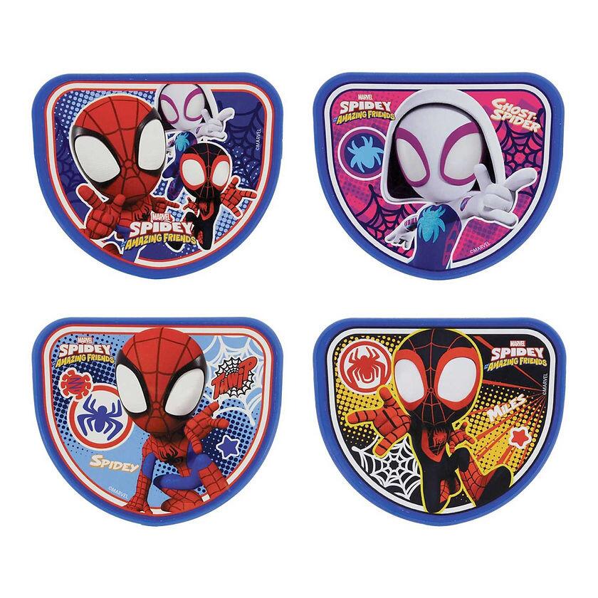 Comes with 4 character plaques featuring Spidey, Miles Morales or Ghost Spider