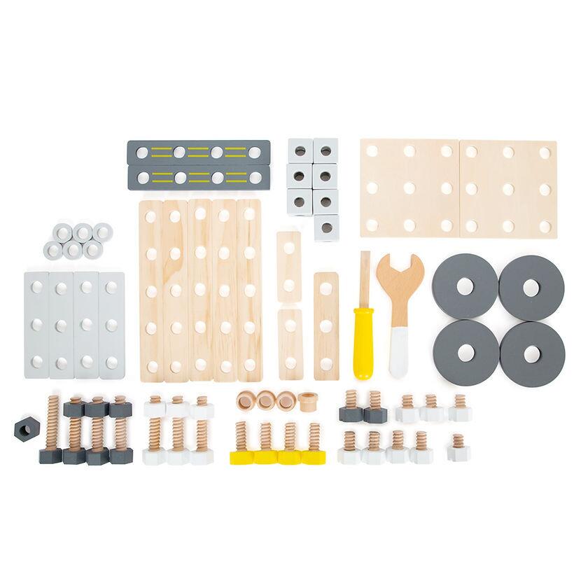 Ample accessories comprised of drill holes, construction panels, screws, nuts, cubes, wheels, wheel adapters, and spacers