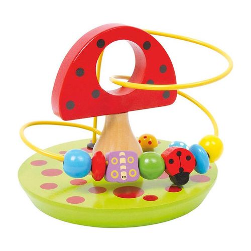Mushroom activity cube with butterfly and ladybird bead maze