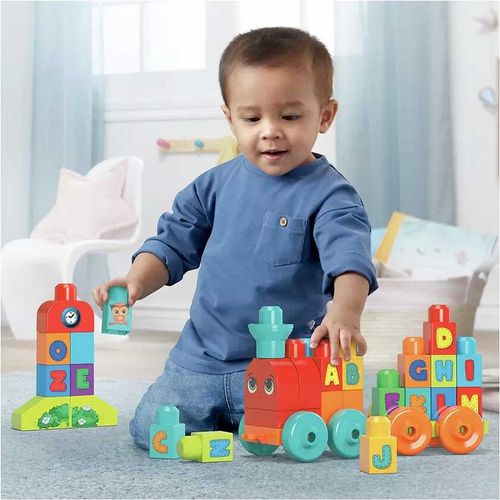 Little Boy Playing With Mega Bloks ABC Learning Train