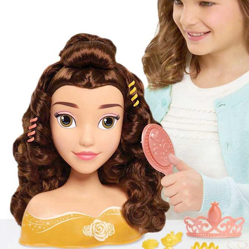 Girl Playing With Disney Princess Belle Styling Head 10 Piece Playset