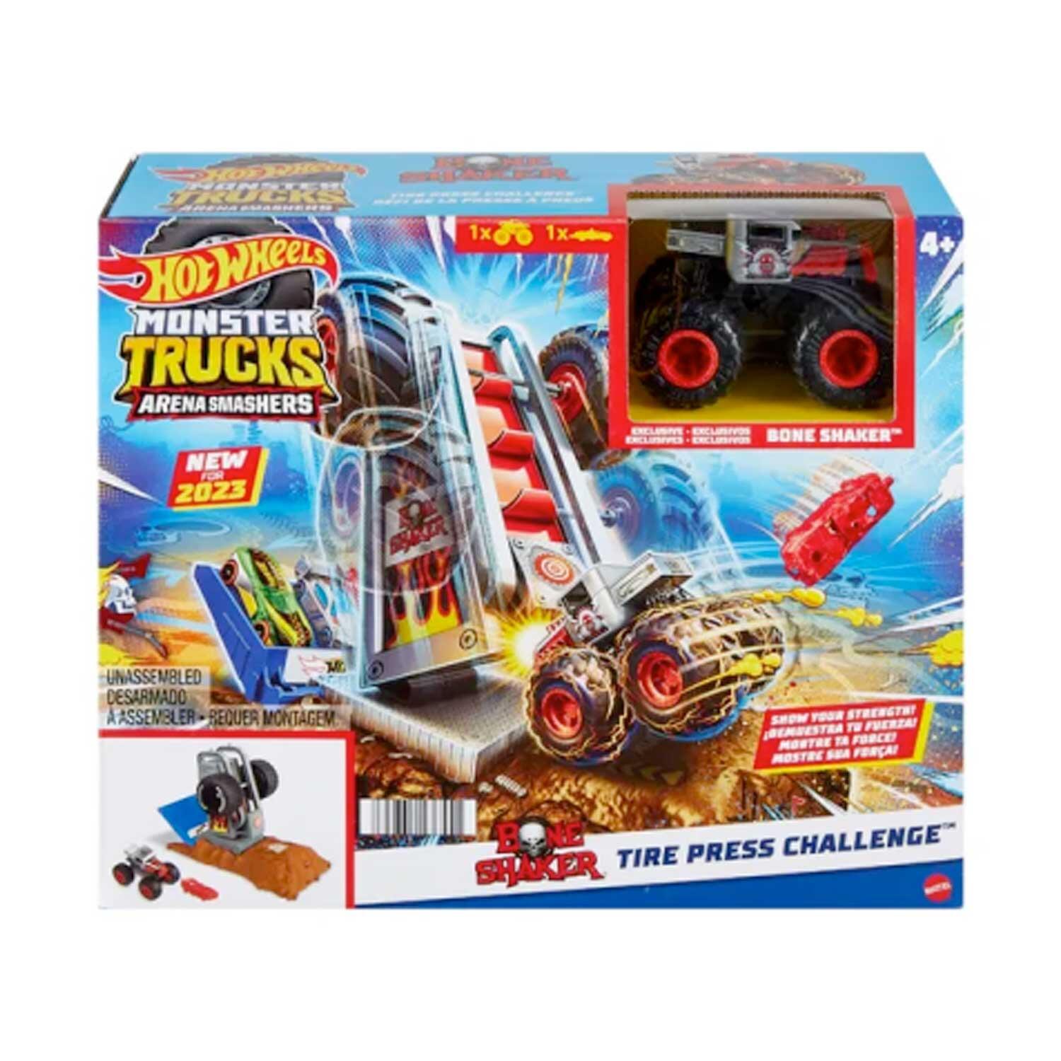 Hot Wheels Monster Trucks Arena Smashers Bone Shaker Tire Press Challenge boxed