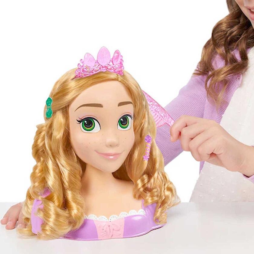Girl Playing With Disney Princess Rapunzel Styling Head 18 Piece Playset