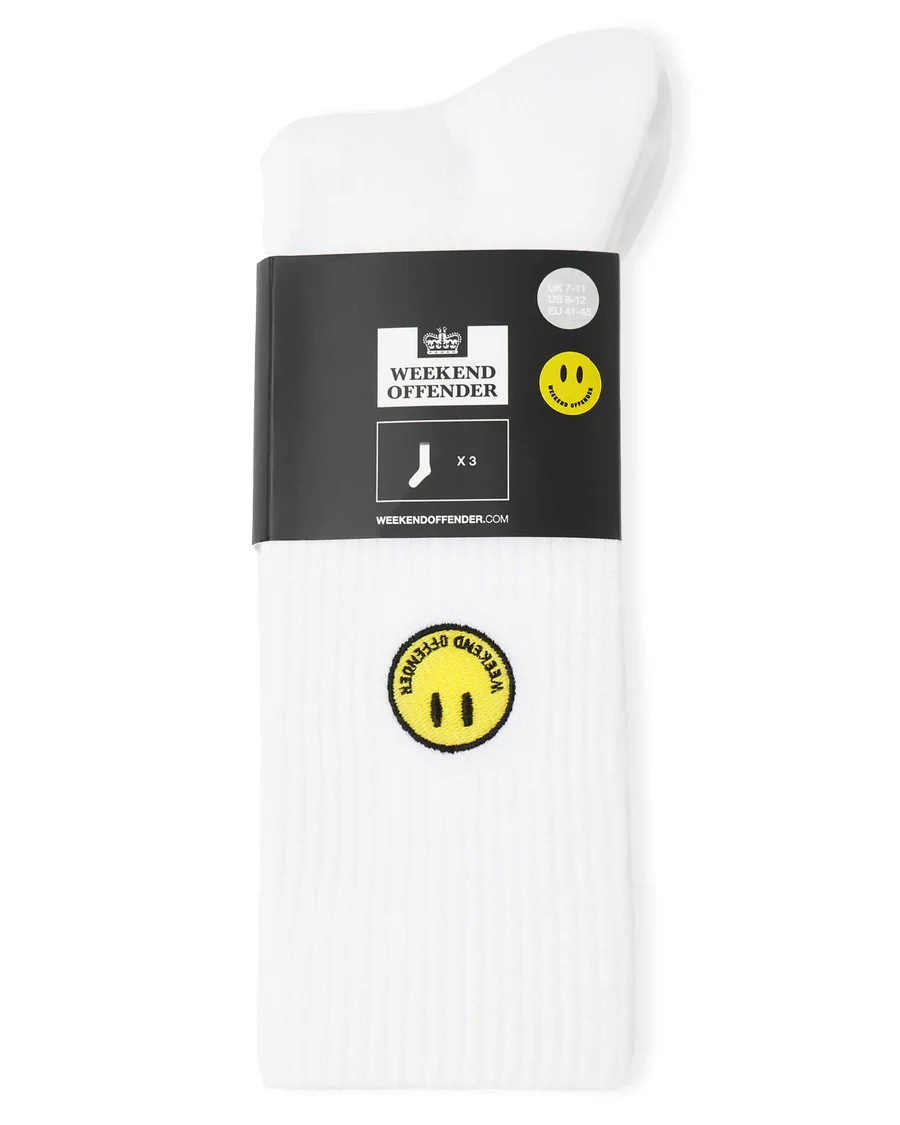 WEEKEND OFFENDER - Smiley Sports Socks White (3 PAIR PACK)