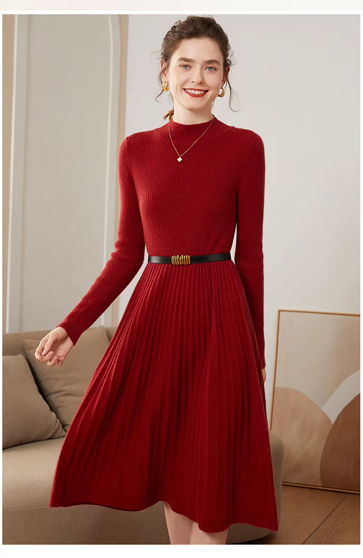 100% Cashmere Wool Rib Knit Dress with Mock Neck, Slim Fit, Pleated Casual Dress (92)
