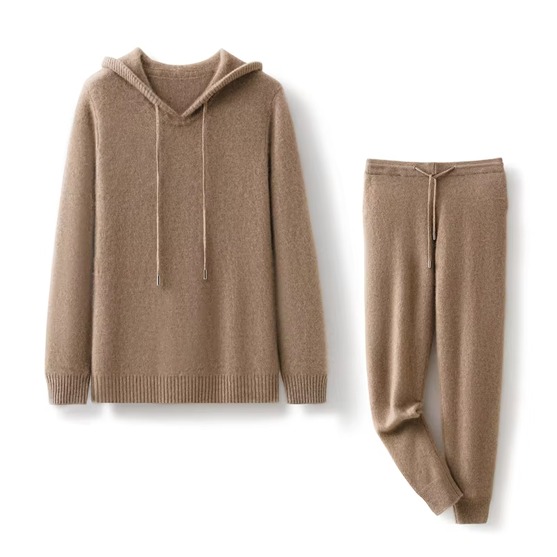 100 Cashmere Wool Men s Two Piece Set Long Sleeved Hooded Sweater and Trousers Loungewear Knitwear 599a