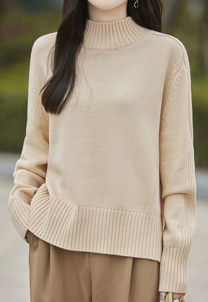 100% Cotton Women's Casual Pullover, Half Height Neck Sweater, Basic Tops, Knitwear (212)
