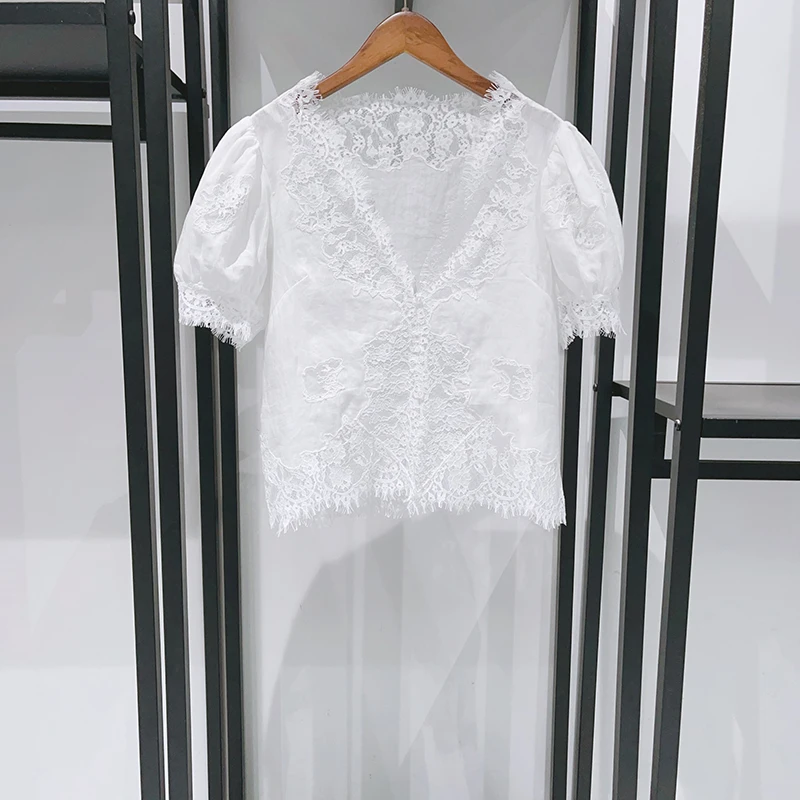 100% Ramie White Lace Embroidery Short Shirt, Lace-Up Short Sleeved Blouse, Summer Top (45b)