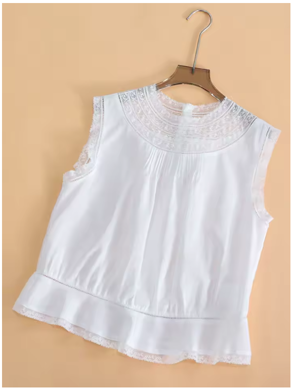 100% Ramie White Lace Embroidery Tank Top, Lace Front and Back Sleeveless Shirt, Round Neck Vest (45d)
