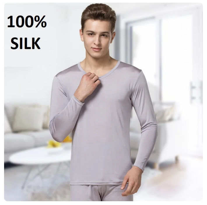 100 Mulberry Silk Thermal Set for Men Top and Long Johns Set Underwear Loungewear 252