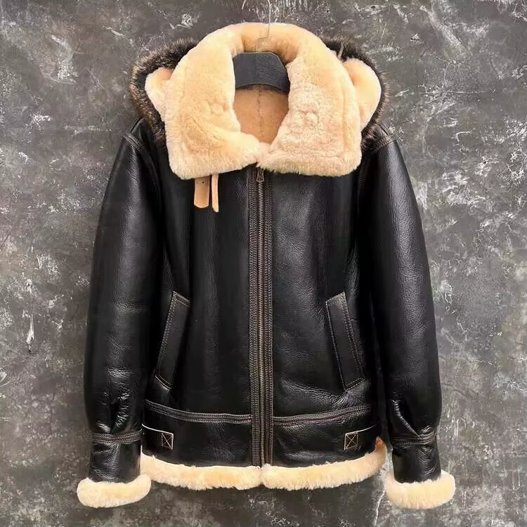 100% Genuine Leather Sheepskin Shearling Men's Coat, Motorcyclist Hooded Jacket, Outerwear (131a)