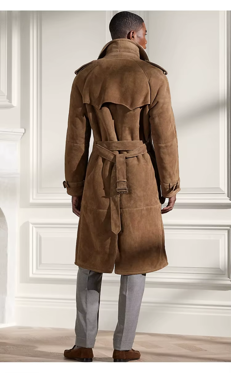 100% Genuine Sheepskin Wool Shearling Men's Trench Coat, Double Breasted, Outerwear (160)