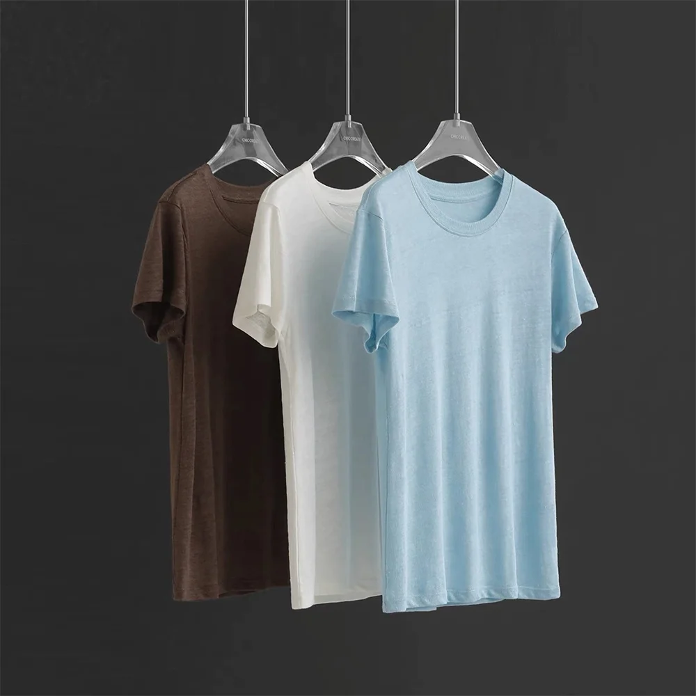 100% Linen Fine Knit Women's T-Shirt, Short Sleeve and Round Neck Knitted Tee (45c)