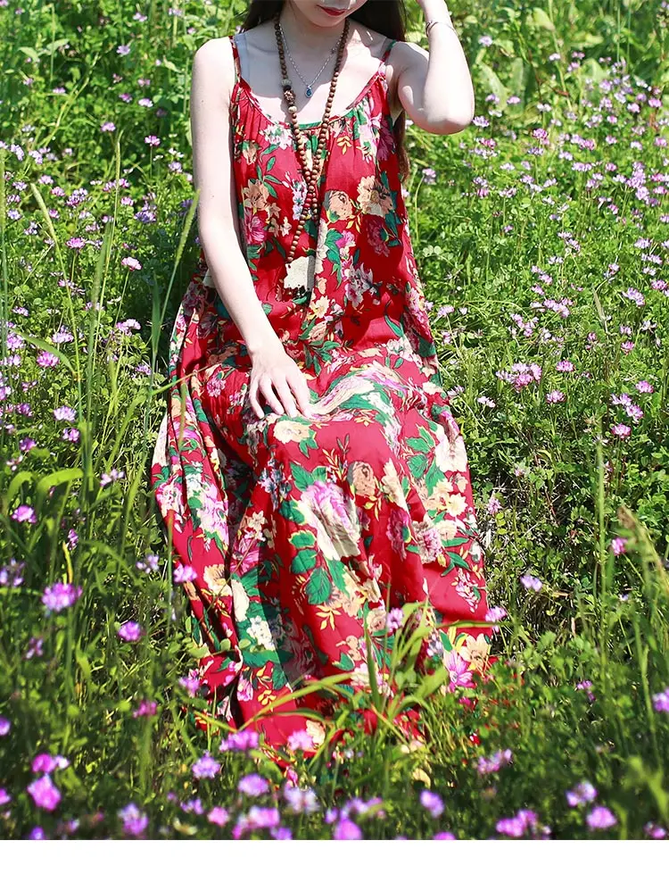 85% Cotton 15% Linen Sleeveless Maxi Dress for Women, Cotton Linen Floral Print Sundress, Long Tunic, Floral Beach Dresses, Original (38)