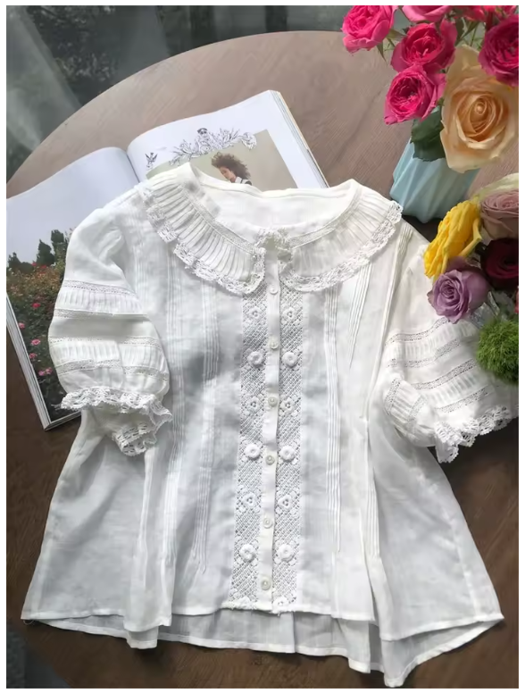 100% Ramie White Lace Women's Blouse, Peter Pan Collar Shirt with Short Puff Sleeve (161a)