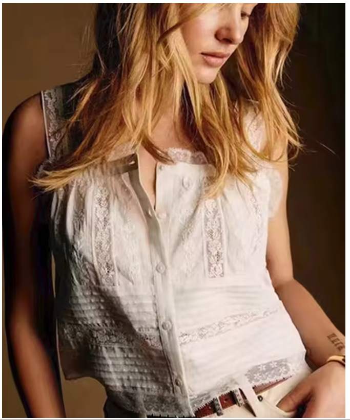 100% Cotton White Lace and Embroidery Women's Vest or Shirt, Casual Summer Top, Lingerie, Underwear (161b)