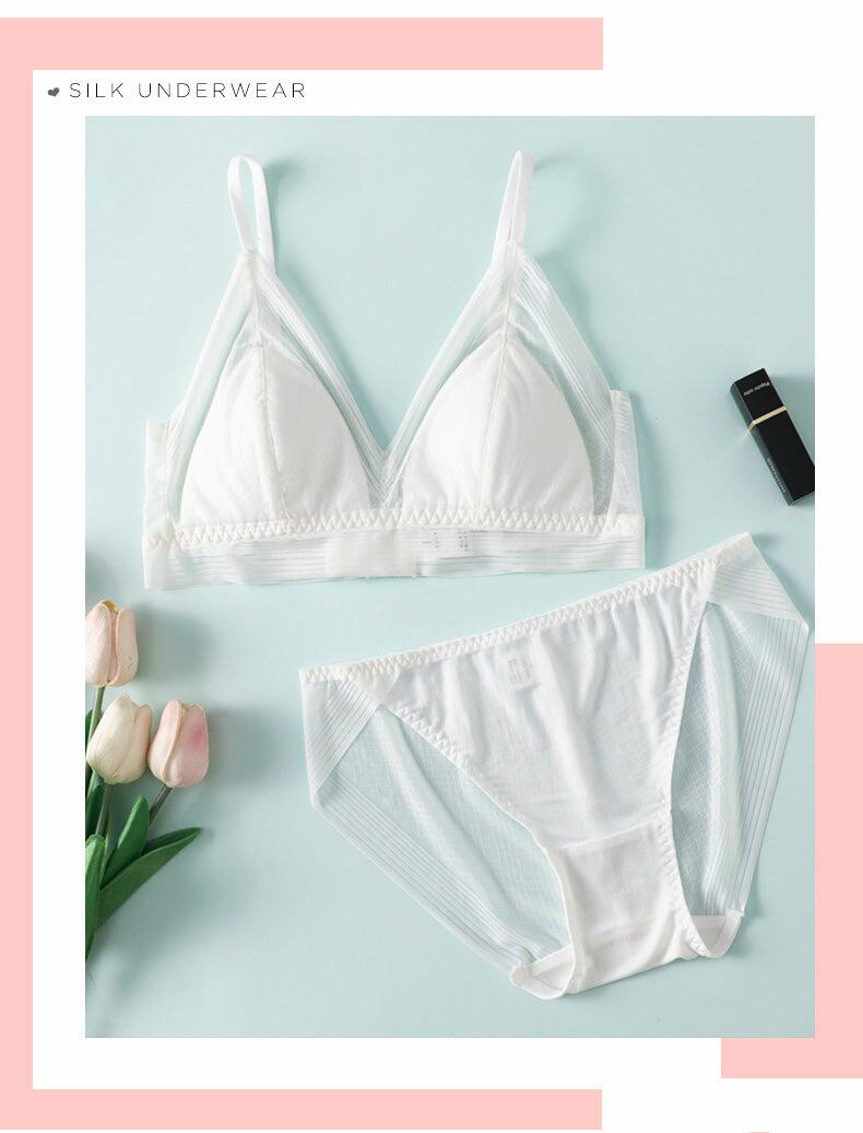 100% Silk and Lace Bra Set Wire Free Comfort Bras and Panties Thin Padding Ladies Underwear