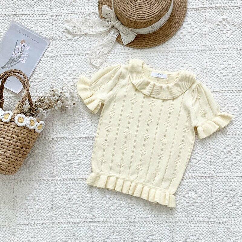 100% Cotton Lace Knit Pullover/Sweaters  Short Sleeve Tops