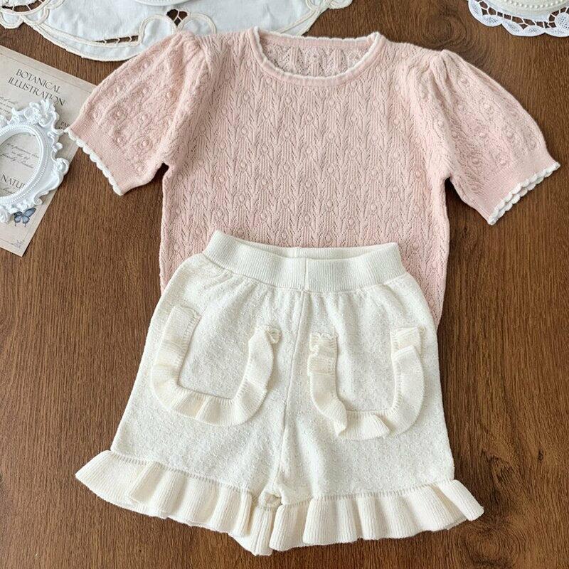 100% Cotton Lace Knit Pullover/Sweaters  Short Sleeve Tops
