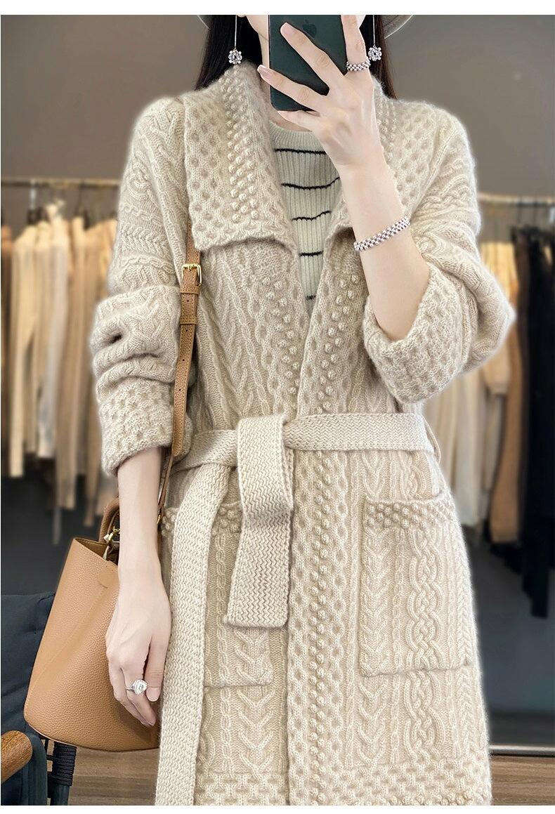 100% Wool Knitted Women's Sweater Cardigan with Square Collar, Outwear